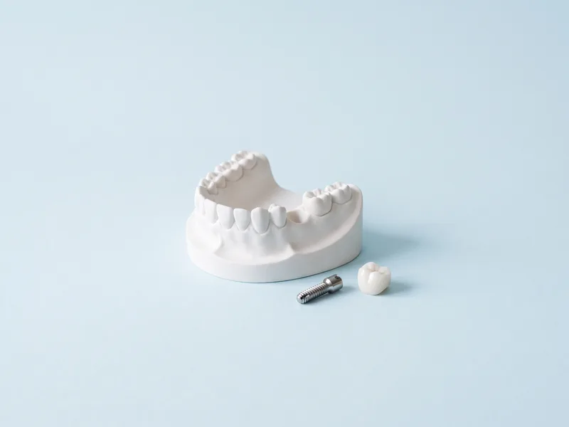 Model dentar cu un molar lipsă, cu un implant din titan și o coroană ceramică așezate lângă spațiul gol