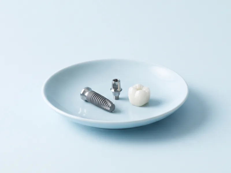 Implant dentar din titan, bont protetic și coroană ceramică așezate alături pe un vas albastru pal