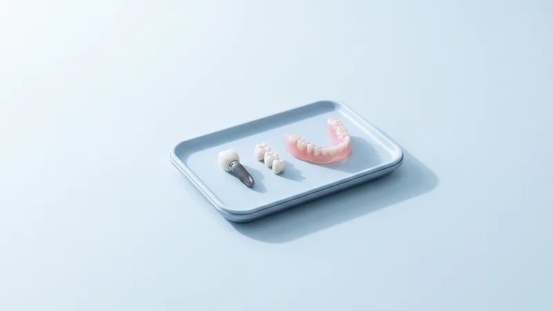 Implant cu coroană, punte dentară din trei elemente și proteză parțială, așezate una lângă alta pe o tavă albastru pal