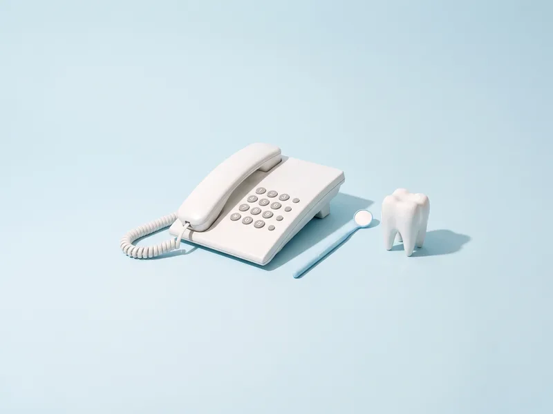 Telefon alb de birou lângă o oglindă dentară și un model de măsea