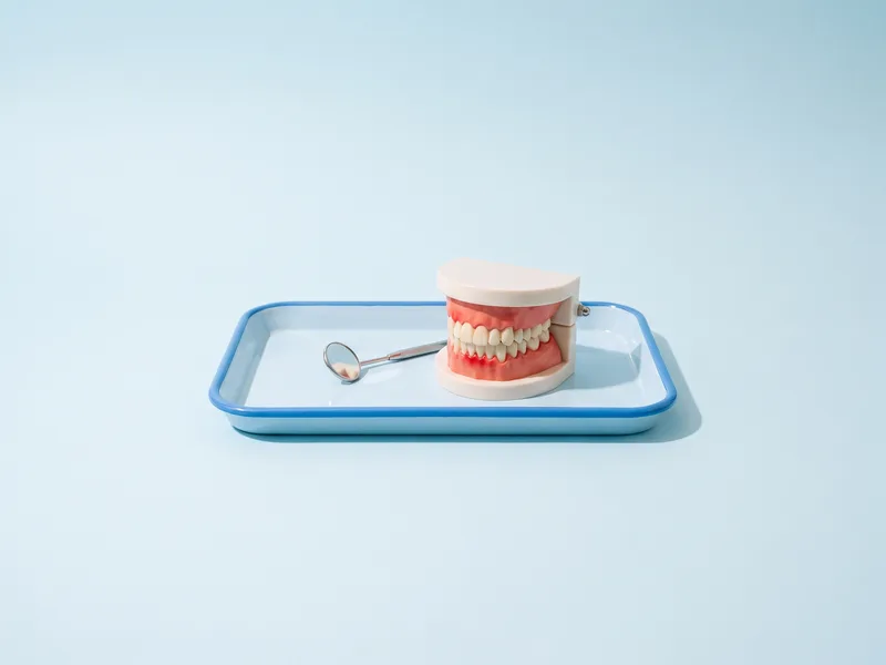 Model dentar cu gingia ușor înroșită la baza dinților, lângă o oglindă stomatologică, pe o tavă albastru pal