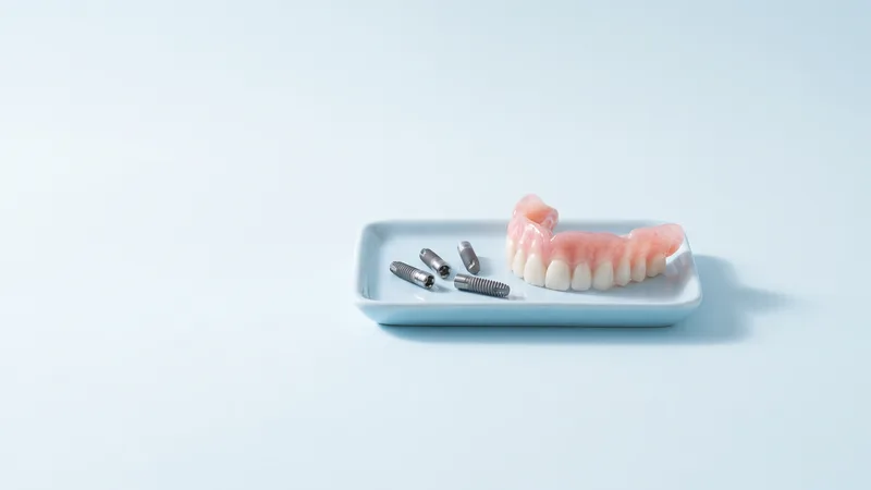 Arcadă dentară completă, cu dinți albi pe gingie roz, lângă patru implanturi din titan, pe o tavă albastru pal