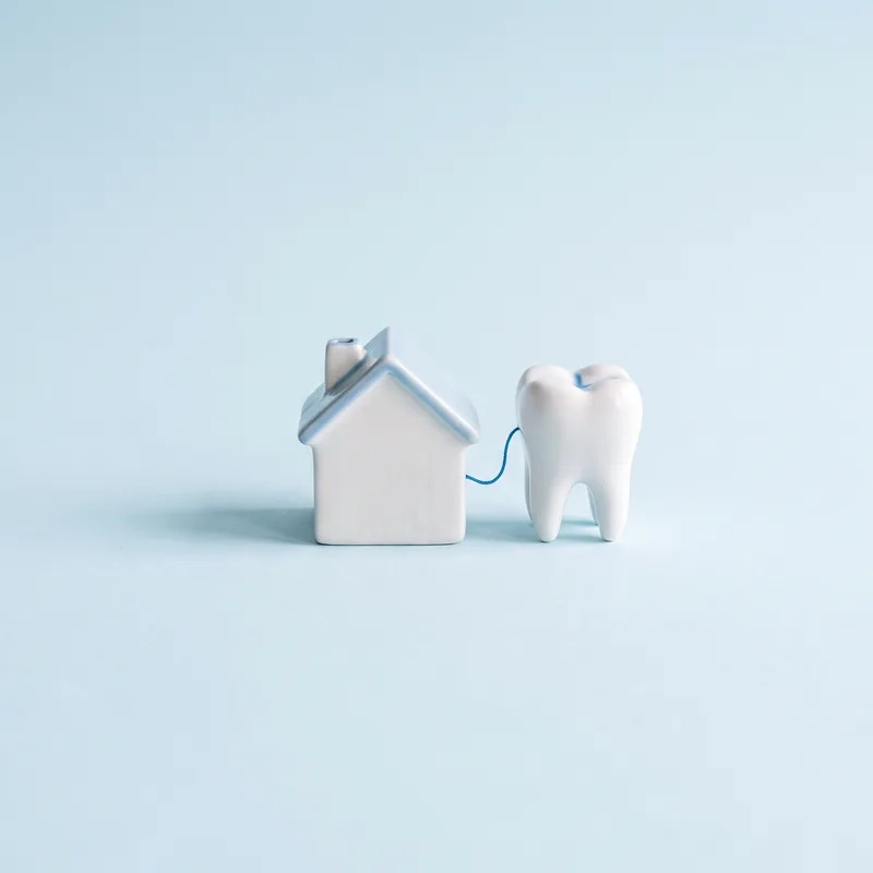 Căsuță albă din ceramică lângă un model de dinte, legate cu un fir albastru