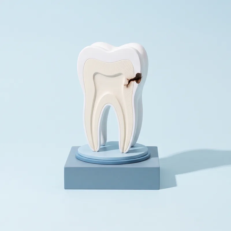 Model de molar în secțiune: smalț, dentină și o carie care avansează
