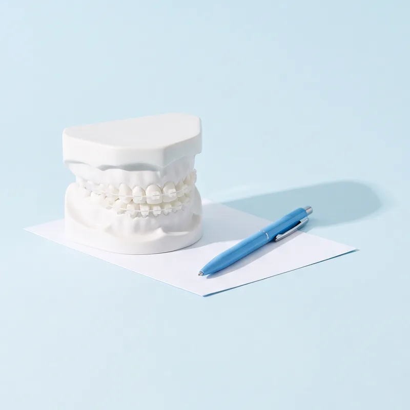 Model de arcadă cu aparat dentar pe un card alb, lângă un pix albastru