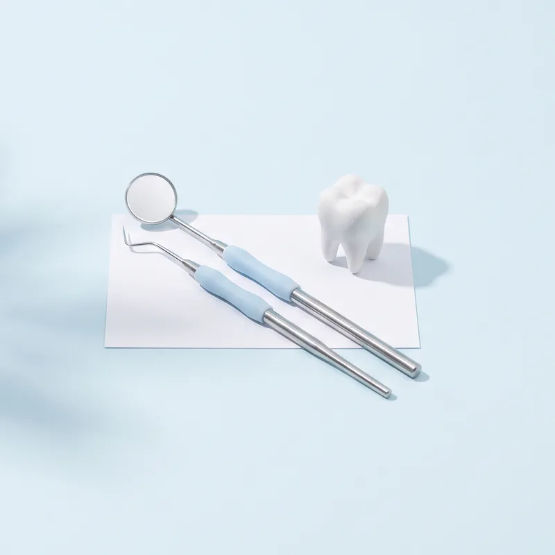 Oglindă și sondă dentară pe un card alb, lângă un model de dinte