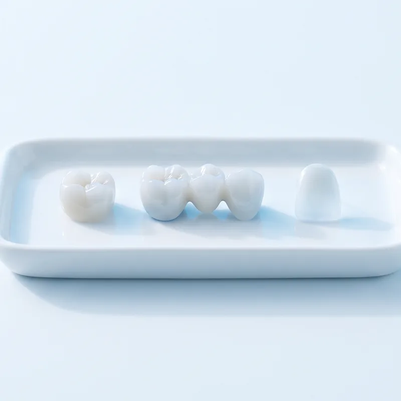 Coroană, punte și fațetă ceramică pe o tavă albă