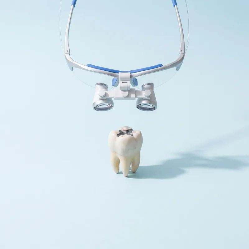 Model de molar cu o plombă veche, sub o lupă dentară