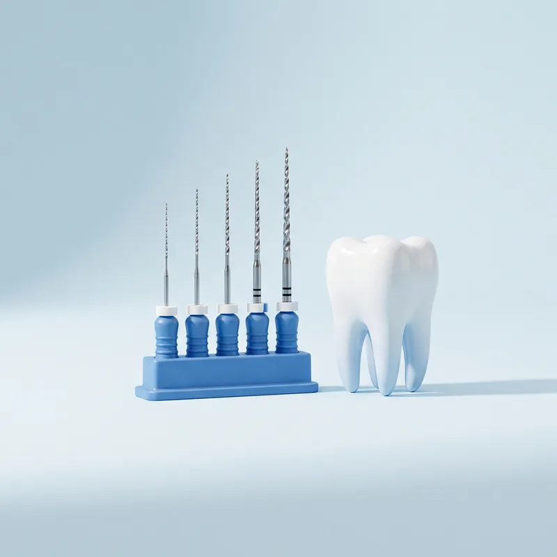Ace endodontice de mărimi diferite într-un suport, lângă un molar