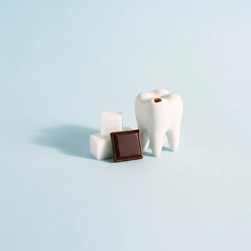 Cuburi de zahăr și ciocolată lângă un model de molar cu o pată maronie