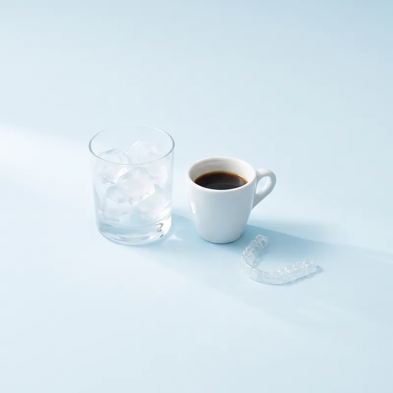 Pahar cu gheață și o ceașcă de cafea lângă o gutieră transparentă de albire