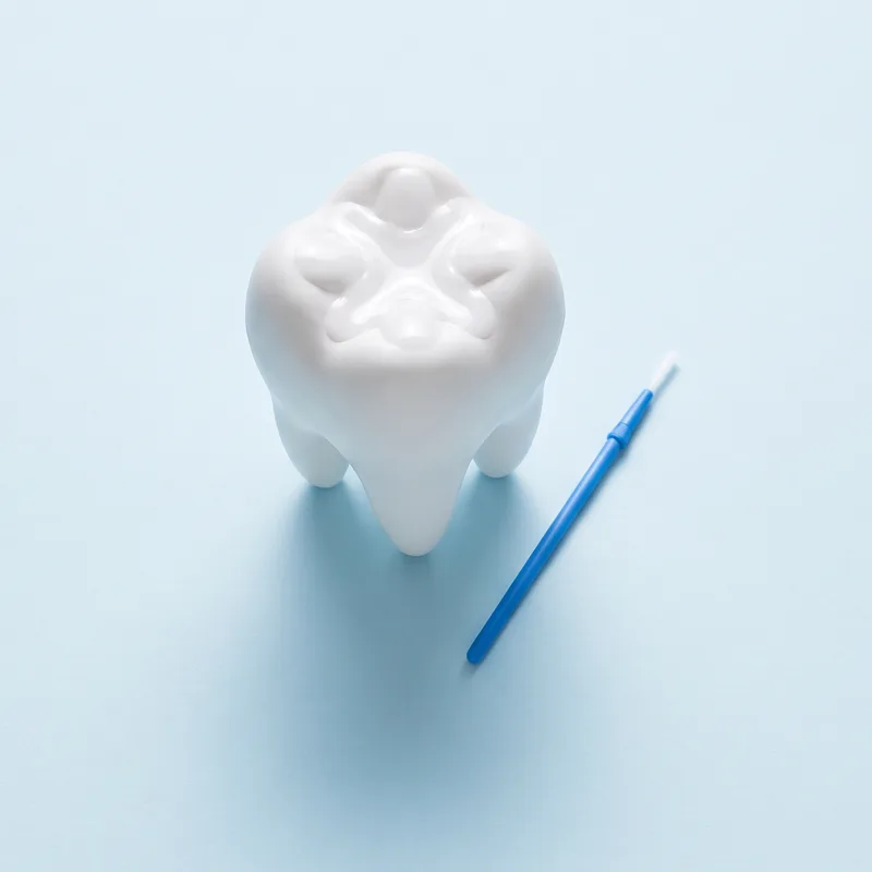 Model de molar cu șanțurile de pe fața de mestecat sigilate, lângă o pensulă fină