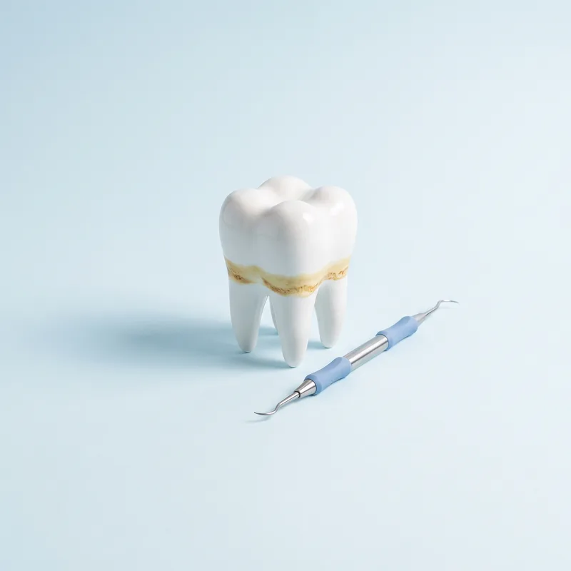 Model de molar cu depunere de tartru la bază, lângă un instrument de detartraj