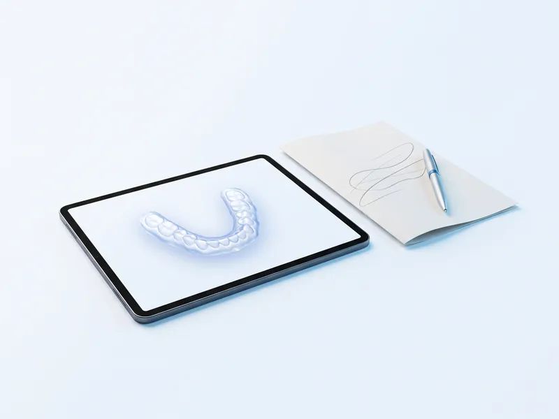Tabletă cu scanarea 3D a unei arcade, lângă planul de tratament