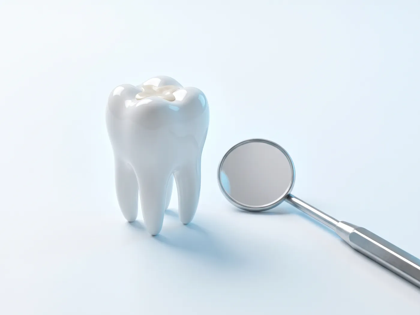 Model de molar cu o obturație în culoarea dintelui, lângă o oglindă dentară